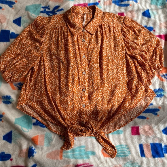 Free People Womens Small Orange Celia Button-Up Top With Front Tie - Picture 3 of 5